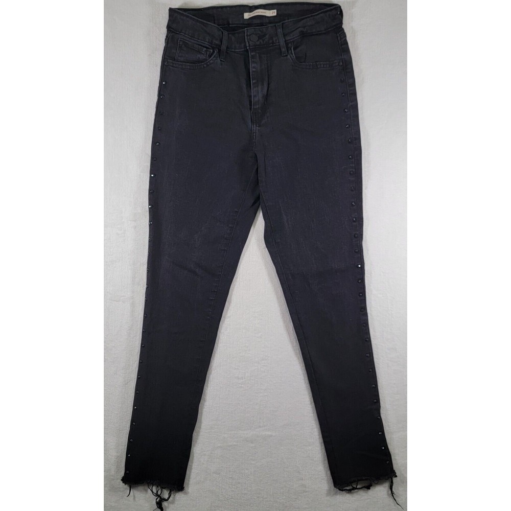 Levis 721 High Rise Skinny Stretch Jeans Size 29 Black Denim Rhinestone Stripe - Picture 1 of 16
